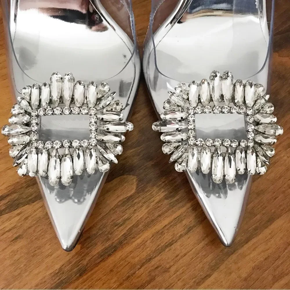 New GOOD AMERICAN CLEAR Silver Heels - Picture 4 of 13